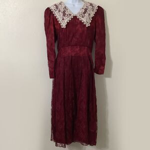 Gunne Sax Vintage 80s Victorian Gothic Prairie Cottagecore Lace Collar Dress 9